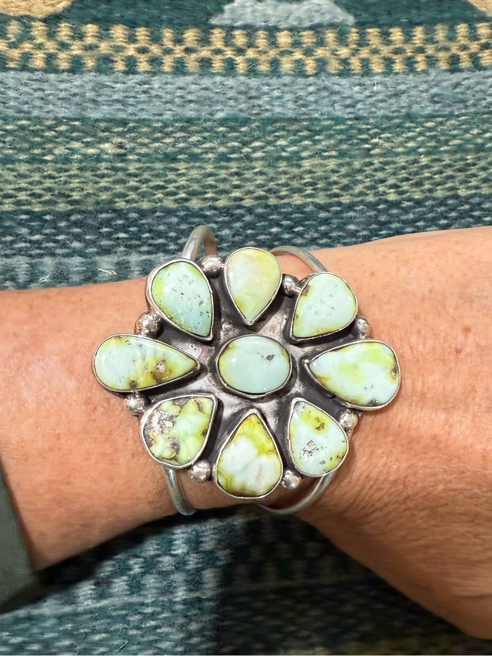 Handcrafted Palomino Variscite Flower Cuff Bracelet - by Gilbert Nez